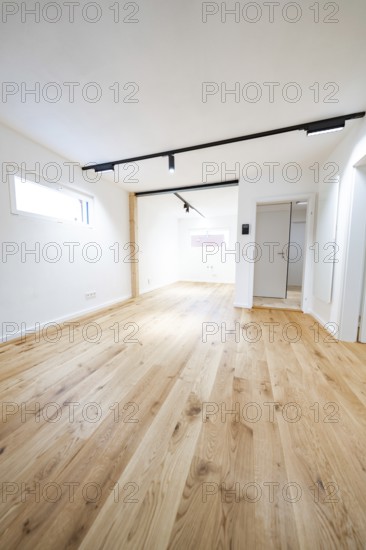 Light-flooded room with wide oak flooring and black track lights, clean lines, house renovation, energy renovation, Metzingen, Germany