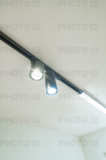 Black power rail with two LED spotlights as accent lighting under a white ceiling, house renovation, energy renovation, Metzingen, Germany