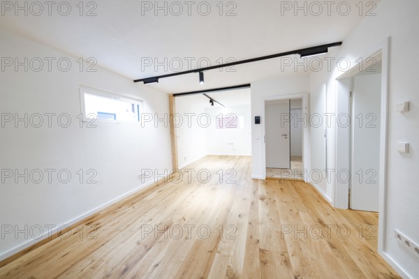 Bright living room with oak flooring and black track lights in a modern, reduced design, house renovation, energy renovation, Metzingen, Germany
