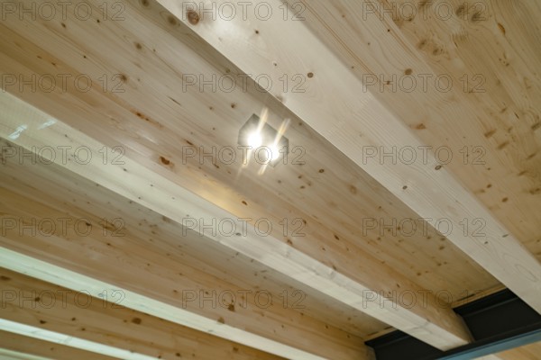 Detail of wooden beam ceiling with glowing spot and natural grain, house renovation, energy renovation, Metzingen, Germany