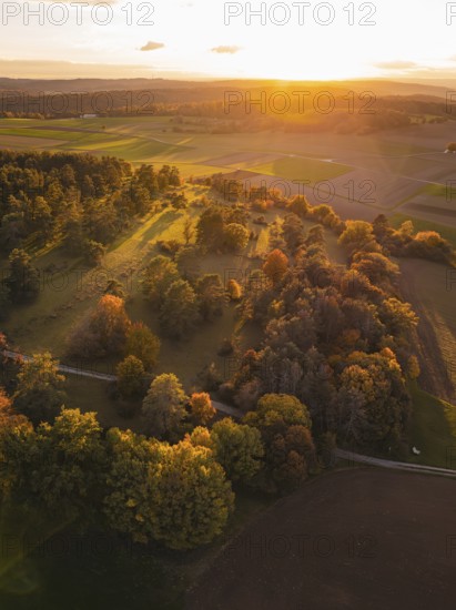 Aerial view of autumn landscape with bright colors at sunset, Venusberg, Aidlingen, Germany