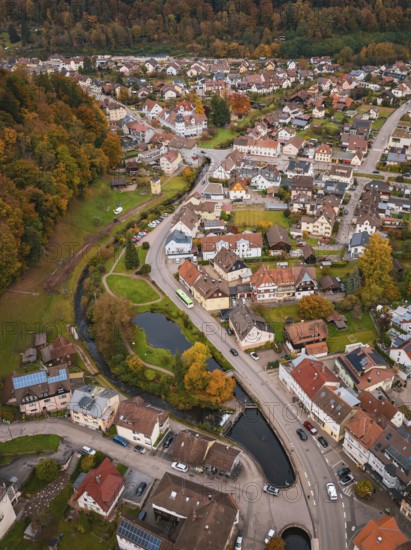 Aerial view of a city with river course and park area, nestled in autumn surroundings, Calmbach, Bad Wildbad, Black Forest, Germany