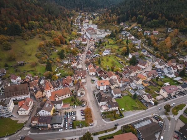 Top view of a small town nestled in autumn mountain landscape with roads and meadows, Calmbach, Bad Wildbad, Black Forest, Germany