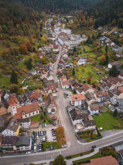 Aerial view of a city scene in a wooded mountain landscape with autumn colors, Calmbach, Bad Wildbad, Black Forest, Germany