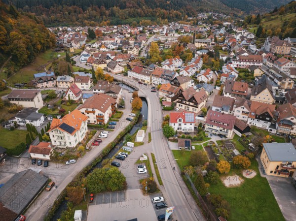 Bird's-eye view of the city center with various buildings, roads and autumn trees, Calmbach, Bad Wildbad, Black Forest, Germany