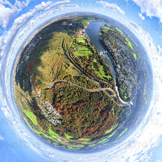 Aerial view, Lake Baldeney with dam RWE hydroelectric power plant Baldeney, golf course ETUF e.V. golf course and tennis courts, autumnal Krupp forest on Freiherr-vom-Stein-Straße, earth globe, fisheye image, fisheye shot, 360 degree shot, tiny world, little planet, fisheye image, Bredeney, Essen, Ruhr area, North Rhine-Westphalia, Germany, DE, Europe, fisheye lens, fish eye lens, fish eye lens, fish eye lens, fish eye lens, fish eye lens, fish eye lens, fish eye lens, fish eye lens, fish eye lens, fish eye lens, fish eye lens, fish eye lens, fish eye lens, fish eye lens, fish eye lens, fish eye lens, fish eye lens, fish eye lens, fish eye lens, fish eye lens, fish eye lens, fish eye lens, fish eye lens, fish eye lens Eye lens, Freizeit Sport und Kulturveranstaltungs GmbH, Little Planet, aerial photography, aerial photography, lake, super wide angle lens, tiny world, overview, bird's eye view, forest, birds-eyes view, fisheye lens, insta360 camera, overview