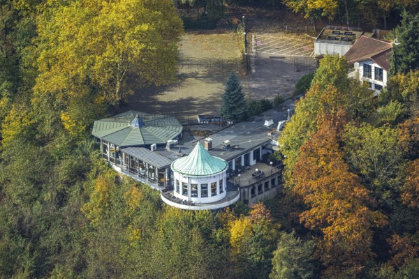 Aerial view, Villa Vue restaurant and round bay window in autumn forest, Bredeney, Essen, Ruhr region, North Rhine-Westphalia, Germany, colorful trees, trees in autumn colors, Essen-Süd, Europe, autumn colors, autumn mood, autumn forest colors, aerial photography, overview, bird's eye view, forest in autumn colors, birds-eyes view, colorful autumn leaves, autumn forest, overview, round bay window