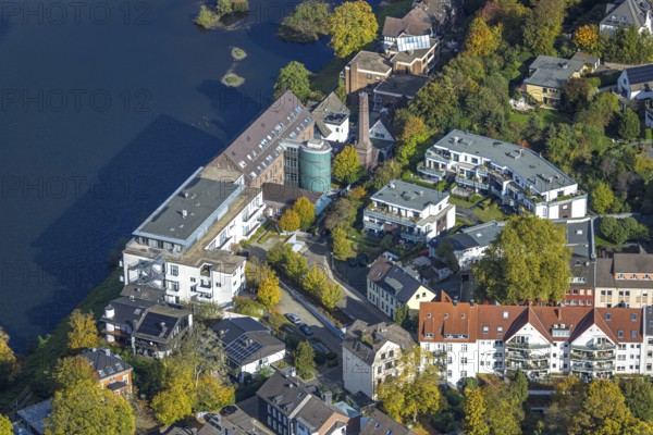 Aerial view, Villa Werden, apartment buildings residential buildings on the banks of Hardenberg, old factory building of the former Gebrüder Feulgen cloth factory with monument protection, Werden, Essen, Ruhr area, North Rhine-Westphalia, Germany, DE, monument protection, Essen-Süd, Europe, property tax, real estate, aerial photography, aerial photography, chimney, overview, bird's eye view, residential complex, living and living, residential area, quality of living, residential district, residential district, birds-eyes view, heritage-protected building, overview