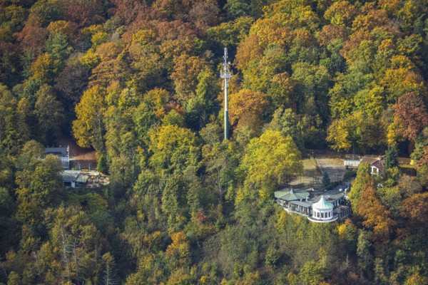 Aerial view, Villa Vue restaurant and round bay window in autumn forest, radio tower, Bredeney, Essen, Ruhr region, North Rhine-Westphalia, Germany, colorful trees, trees in autumn colors, DE, Essen-Süd, Europe, radio antenna, radio tower, autumn colors, autumn mood, autumn forest colors, aerial photography, aerial photography, overview, bird's eye view, forest in autumn colors, birds-eyes view, colorful autumn leaves, autumnal forest, overview, round bay window