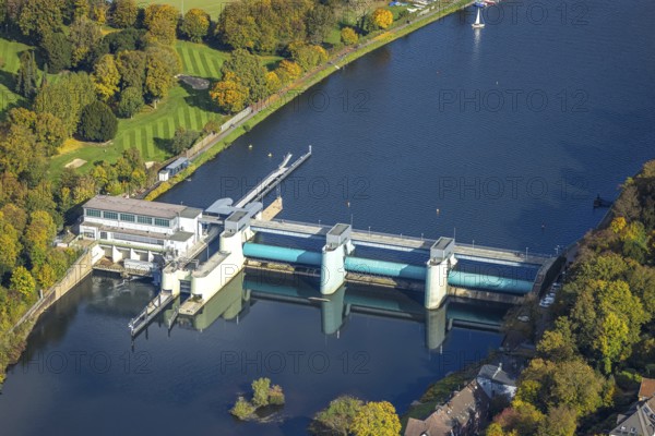 Aerial view, Lake Baldeney with dam RWE hydroelectric power plant Baldeney, Werden, Essen, Ruhr region, North Rhine-Westphalia, Germany, building, DE, Essen-Süd, Europe, aerial photography, overview, bird's eye view, weir, birds-eyes view, overview