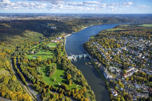 Aerial view, Lake Baldeney with RWE Hydroelectric Power Station Baldeney dam, Golfriege ETUF e.V. golf course and tennis courts, Villa Hügel autumnal Kruppwald on Freiherr-vom-Stein-Straße, Bredeney, Essen, Ruhr area, North Rhine-Westphalia, Germany, DE, Essen-Süd, Europe, aerial photo, aerial photography, lake, overview, bird's eye view, forest, weir, birds-eyes view, overview