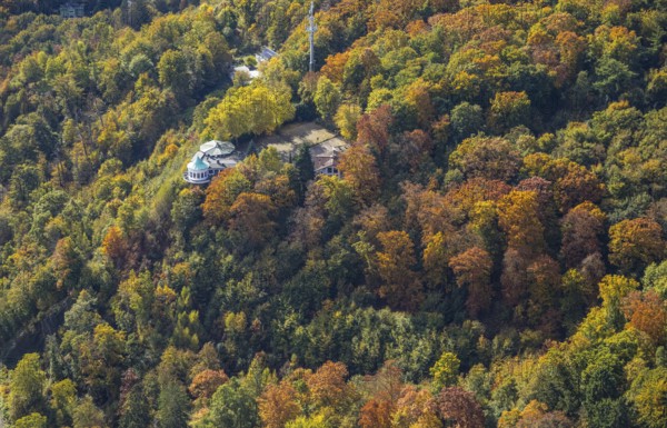Aerial view, Villa Vue restaurant in autumn forest, Bredeney, Essen, Ruhr area, North Rhine-Westphalia, Germany, colorful trees, trees in autumn colors, DE, Essen-Süd, Europe, autumn colors, autumn mood, autumn forest colors, aerial photography, mixed forest, overview, bird's eye view, forest in autumn colors, birds-eyes view, colorful autumn leaves, autumn forest, overview, round bay window