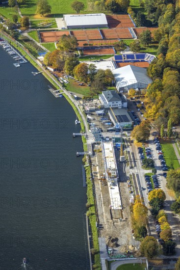 Aerial view, construction site with new regatta track for new regatta stand, ETUF tennis courts, fishing lakes, Essen, Ruhr area, North Rhine-Westphalia, Germany, construction area, building land, building plots, construction crane, construction project, construction project, construction site, DE, Essen-Süd, Europe, aerial photography, aerial photography, new construction, renovation, renovation, renovation, overview, birds-eye view, birds-eyes view, overview