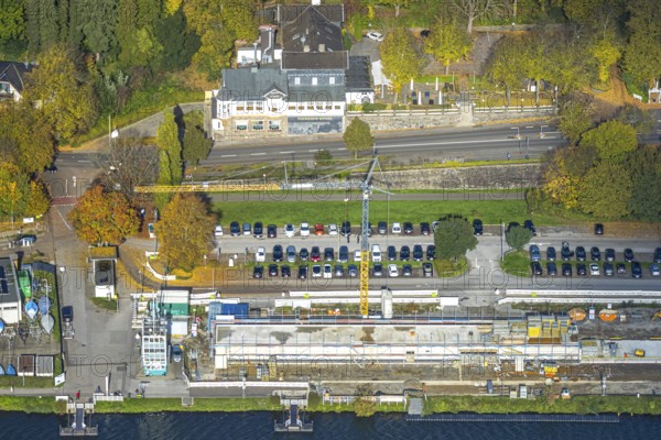 Aerial view, construction site with new regatta track for new regatta stand, hotel parking garage Hügel, Fischlaken, Essen, Ruhr area, North Rhine-Westphalia, Germany, construction area, building land, building plots, construction crane, construction project, construction project, construction site, DE, food and drink, Essen-Süd, Europe, inn, restaurant, hotel, hotel complex, hotel industry, aerial photography, aerial photography, aerial photography, photography, new building, renovation, renovation, overview, accommodation, bird's eye view, birds-eyes view, overview