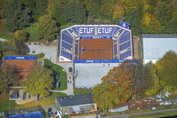 Aerial view, ETUF e.V. tennis arena with stand, Werden, Essen, Ruhr area, North Rhine-Westphalia, Germany, DE, Essen-Süd, Europe, aerial photography, aerial photography, sports, tennis, tennis facilities, tennis courts, tennis club, overview, birds-eyes view, overview