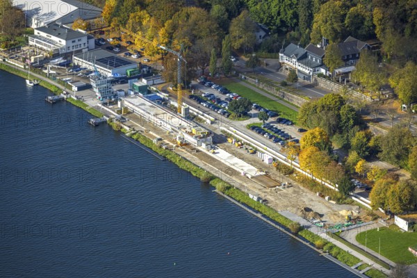 Aerial view, construction site with new regatta track for new regatta stand, Hotel Parkhaus Hügel, Fischlaken, Essen, Ruhr area, North Rhine-Westphalia, Germany, construction area, building land, building plots, construction crane, construction project, construction site, DE, Essen-Süd, Europe, aerial photography, aerial photography, new construction, renovation, renovation, renovation, overview, birds-eyes view, birds-eyes view, overview