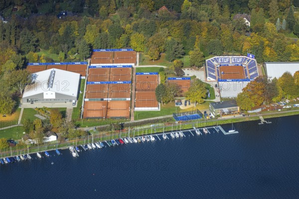 Aerial view, ETUF e.V. tennis courts and arena with stand, sailboats and boat dock on Lake Baldeney, Werden, Essen, Ruhr area, North Rhine-Westphalia, Germany, boats, DE, Essen-Süd, Europe, aerial photography, aerial photography, sailboats, sports, tennis, tennis facilities, tennis courts, tennis club, overview, birds-eyes view, overview