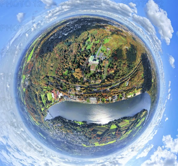 Aerial view, villa hill and hill park with autumnal Krupp forest, former home of the Krupp industrial family, Lake Baldeney and seaside beach Baldeney beach, globe, fisheye shot, fisheye shot, 360 degree shot, tiny world, little planet, fisheye image, Bredeney, Essen, Ruhr area, North Rhine-Westphalia, Germany, DE, Europe, fisheye lens, little fisheye lens, real estate, planet, aerial view, aerial photography, aerial photography, lake, beach, super wide angle lens, tiny world, overview, villa hill, bird's eye view, residential complex, living and living, residential area, residential district, residential district, birds-eyes view, fisheye lens, insta360 camera, overview