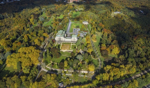 Aerial view, Villa Hügel and Hügelpark with autumnal Krupp forest, former home of the Krupp industrial family, Werden, Essen, Ruhr region, North Rhine-Westphalia, Germany, DE, Essen-Süd, Europe, aerial photography, aerial photography, overview, birds-eyes view, overview
