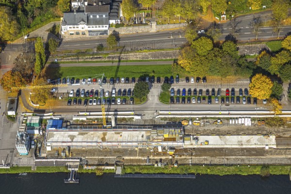 Aerial view, construction site with new regatta track for new regatta stand, hotel parking garage Hügel, Fischlaken, Essen, Ruhr area, North Rhine-Westphalia, Germany, construction area, building land, building plots, construction crane, construction project, construction project, construction site, DE, food and drink, Essen-Süd, Europe, inn, restaurant, hotel, hotel complex, hotel industry, aerial photography, aerial photography, aerial photography, photography, new building, parking lot, renovation, overview, accommodation, bird's eye view, birds-eyes view, overview