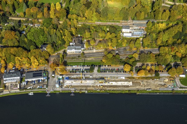 Aerial view, construction site with new regatta track for new regatta stand, Hügel S-Bahn stop, Hotel Parkhaus Hügel, Fischlaken, Essen, Ruhr area, North Rhine-Westphalia, Germany, construction site, building plots, construction crane, construction project, construction site, DE, food and drink, Essen-Süd, Europe, inn, restaurant, hotel, hotel complex, hotel industry, aerial view, aerial photography, aerial photography, new building, parking lot, renovation, renovation, overview, accommodation, birds-eyes view, overview