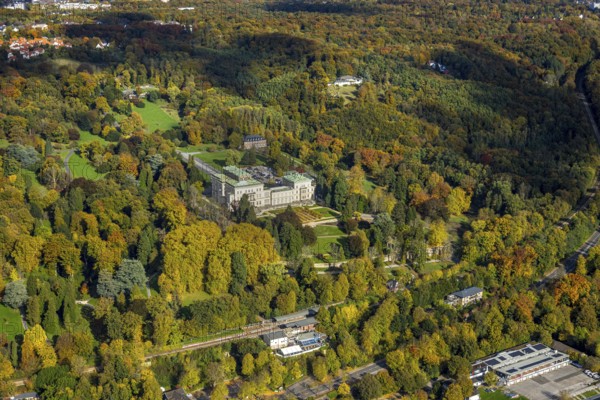Aerial view, Villa Hügel and Hügelpark with autumnal Krupp forest, former home of the Krupp industrial family, Hügel S-Bahn stop, Werden, Essen, Ruhr area, North Rhine-Westphalia, Germany, DE, Essen-Süd, Europe, aerial photography, overview, birds-eyes view, overview