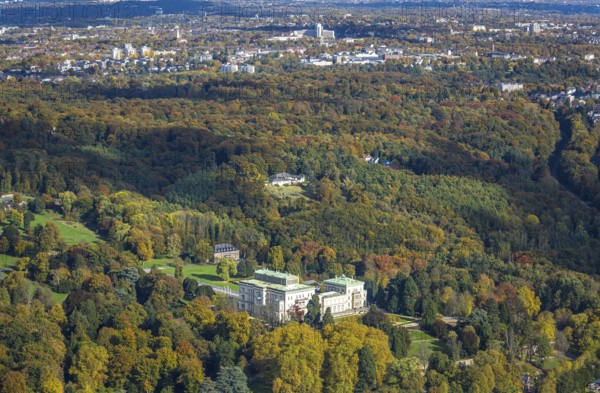 Aerial view, Villa Hügel and Hügelpark with autumnal Krupp forest, former home of the Krupp industrial family, view of the city center, Werden, Essen, Ruhr region, North Rhine-Westphalia, Germany, DE, Essen-Süd, Europe, aerial photography, overview, birds-eyes view, overview