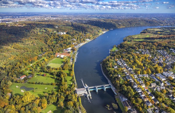 Aerial view, Lake Baldeney with RWE Hydroelectric Power Station Baldeney dam, Golfriege ETUF e.V. golf course and tennis courts, Villa Hügel in the autumnal Krupp Forest on Freiherr-vom-Stein-Straße, Bredeney, Essen, Ruhr area, North Rhine-Westphalia, Germany, DE, Essen-Süd, Europe, aerial photography, aerial photography, lake, overview, bird's eye view, forest, weir, birds-eyes view, overview