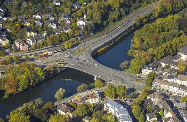 Aerial view, district of Werden with Gustav Heinemann bridge and river Ruhr, Heidhausen, Essen, Ruhr area, North Rhine-Westphalia, Germany, bridge, DE, Essen-Süd, Europe, aerial photography, aerial photography, road traffic, overview, birds-eyes view, overview