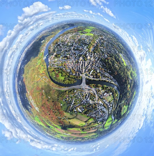 Aerial view, residential area town view Werden district with the Gustav Heinemann bridge over the river Ruhr, Essen-Süd, earth globe, fisheye shot, 360 degree view, tiny world, little planet, fisheye image, Werden, Essen, Ruhr area, North Rhine-Westphalia, Germany, bridge, DE, Europe, fisheye lens, property tax, real estate, Little Planet, aerial view, aerial view Aerial Photography, Super Wide Angle Lens, Tiny World, Overview, Bird's Eye View, Residential Complex, Living Area, Quality of Living, Residential District, Birds-eyes view, fisheye lens, Insta360 camera, overview