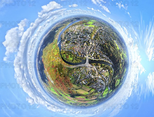 Aerial view, residential area town view Werden district with the Gustav Heinemann bridge over the river Ruhr, Essen-Süd, earth globe, fisheye shot, 360 degree view, tiny world, little planet, fisheye image, Werden, Essen, Ruhr area, North Rhine-Westphalia, Germany, bridge, DE, Europe, fisheye lens, property tax, real estate, Little Planet, aerial view, aerial view Aerial Photography, Super Wide Angle Lens, Tiny World, Overview, Bird's Eye View, Residential Complex, Living Area, Quality of Living, Residential District, Birds-eyes view, fisheye lens, Insta360 camera, overview