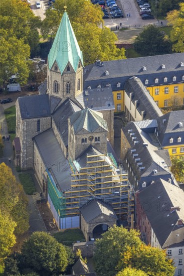 Aerial view, Catholic Basilica of St. Ludgerus and Folkwang University of Arts, construction site with scaffolding, Bredeney, Essen, Ruhr region, North Rhine-Westphalia, Germany, place of worship, construction area, construction project, construction project, construction site, education, educational institution, DE, Essen-South, Europe, religious community, church church, church tower, denomination, Teaching Institute, Aerial View, Aerial Photography, Aerial Photography, Religion, Religious Place of Worship, Overview, University, Bird's Eye View, overview