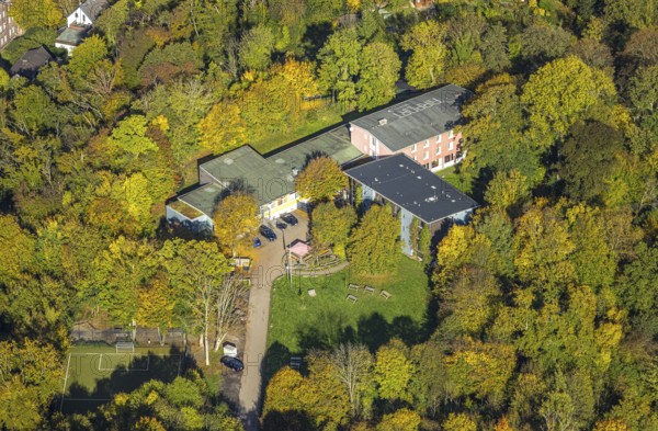 Aerial view, DJH Youth Hostel Essen im Herbstwald, Heidhausen, Essen, Ruhr area, North Rhine-Westphalia, Germany, colorful trees, trees in autumn colors, DE, Essen-Süd, Europe, autumn colors, autumn mood, autumn forest colors, aerial photography, overview, bird's eye view, forest in autumn colors, birds-eyes view, colorful autumn leaves, autumn forest, overview