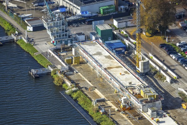 Aerial view, construction site with new regatta track for new regatta tribune, fishing lake, Essen, Ruhr area, North Rhine-Westphalia, Germany, construction area, building land, building plots, construction crane, construction project, construction site, DE, Essen-Süd, Europe, aerial photography, aerial photography, new construction, renovation, renovation, overview, birds-eyes view, birds-eyes view, overview
