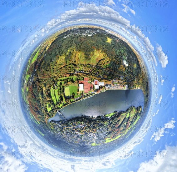 Aerial view, Lake Baldeney with dam RWE hydroelectric power plant Baldeney, golf course ETUF e.V. golf course and tennis courts, autumnal Krupp forest on Freiherr-vom-Stein-Straße, earth globe, fisheye image, fisheye shot, 360 degree shot, tiny world, little planet, fisheye image, Bredeney, Essen, Ruhr area, North Rhine-Westphalia, Germany, DE, Europe, fisheye lens, fish eye lens, fish eye lens, fish eye lens, fish eye lens, fish eye lens, fish eye lens, fish eye lens, fish eye lens, fish eye lens, fish eye lens, fish eye lens, fish eye lens, fish eye lens, fish eye lens, fish eye lens, fish eye lens, fish eye lens, fish eye lens, fish eye lens, fish eye lens, fish eye lens, fish eye lens, fish eye lens, fish eye lens Eye lens, Freizeit Sport und Kulturveranstaltungs GmbH, Little Planet, aerial photography, aerial photography, lake, super wide angle lens, tiny world, overview, bird's eye view, forest, birds-eyes view, fisheye lens, insta360 camera, overview