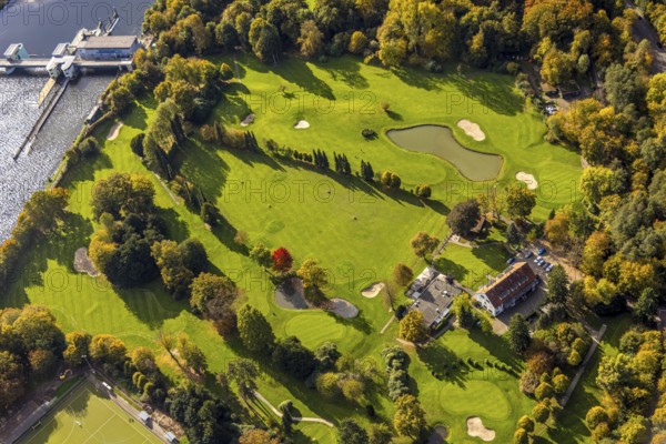 Aerial view, Golfriege ETUF e.V. golf course at Lake Baldeney, trees in autumn colors, Bredeney, Essen, Ruhr region, North Rhine-Westphalia, Germany, colorful trees, DE, Essen-Süd, Europe, golf course, golf course, golf course, golf course, autumn colors, autumn colors, autumn forest colors, aerial photography, sports, overview, bird's eye view, forest in autumn colors, birds-eyes view, autumn forest, overview