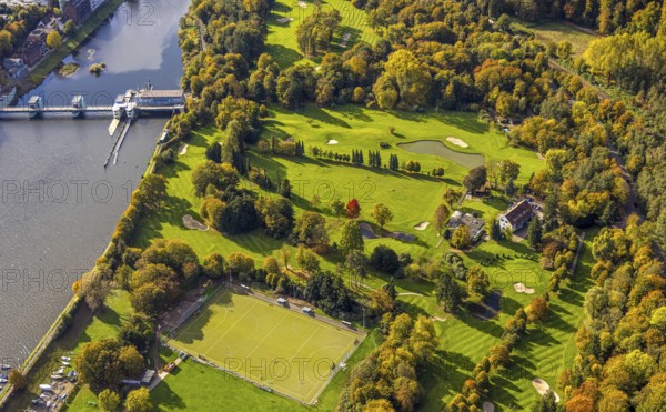 Aerial view, Golfriege ETUF e.V. golf course at Lake Baldeney, Bredeney, Essen, Ruhr region, North Rhine-Westphalia, Germany, DE, Essen-Süd, Europe, golf course, golf course, golf course, golf course, aerial photography, aerial photography, sports, overview, birds-eyes view, overview