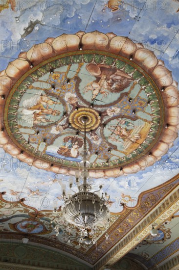 Ceiling painting with the blue Vishnu and his woman Lakshmi in Mysuru Palace or Amba Vilas Palace, interior view, Mysore or Mysore, Karnataka, India