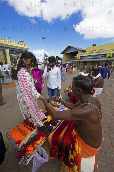 Puja at Chamundeswar Hindu Temple on Chamundi Hill, Indian pilgrims at the temple, Mysore or Mysore, Karnataka, India