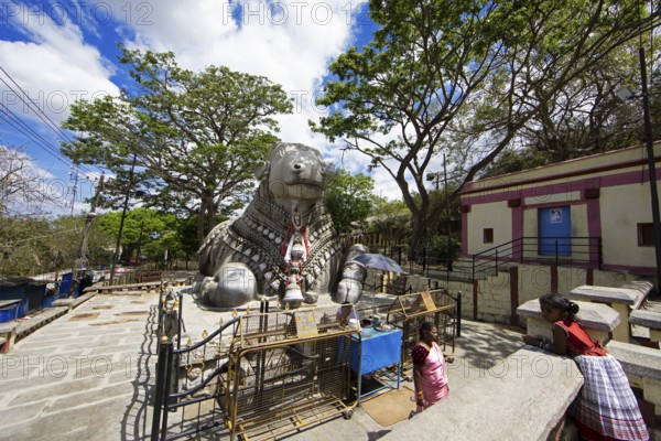 Nandi bull, Indian pilgrims at the monolithic statue of a bull on Chamundi Hill, Mysore or Mysore, Karnataka, India