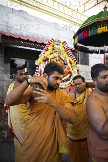 Puja at the Chamundeswar Hindu Temple on Chamundi Hill, Hindu monks carry the statue of a Hindu goddess, Mysore or Mysore, Karnataka, India