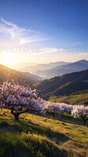 Landscape with a blooming apricot tree, idilyc spring nature, green grass and mountains in background, blue cloudy sky in sunset web banner spring time concept, AI generated