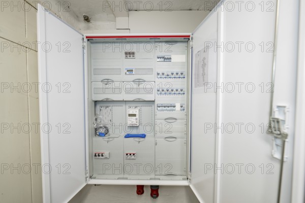 Detailed view of an opened fuse box with modular electrical distribution, house renovation, air-conditioning renovation, Metzingen, Germany