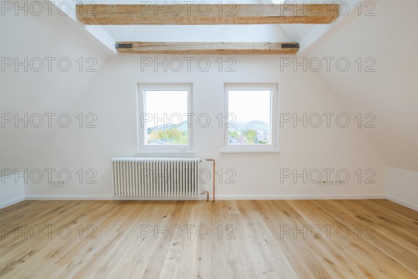 Two windows above a radiator with a view of the countryside in a quiet, bright room, house renovation, air conditioning renovation, Metzingen, Germany
