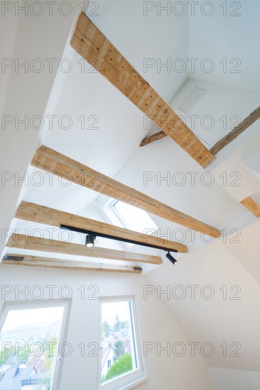View of ceiling beams with skylight and rail spot in a bright attic room, house renovation, climate renovation, Metzingen, Germany