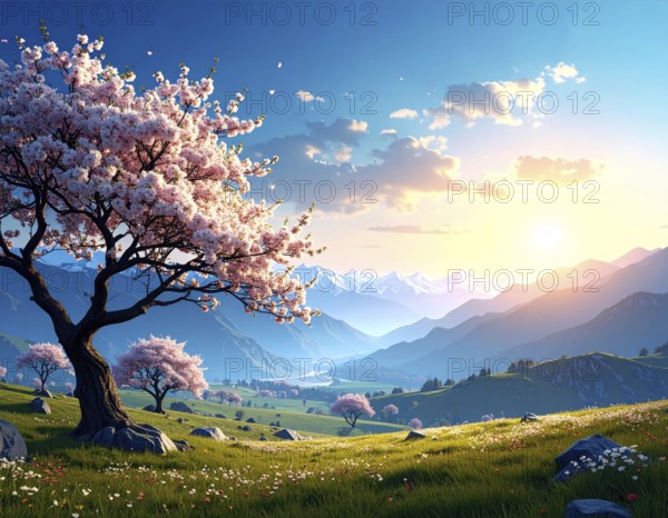 Landscape with a blooming apricot tree, idilyc spring nature, green grass and mountains in background, blue cloudy sky in sunset web banner spring time concept, AI generated