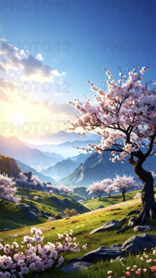 Landscape with a blooming apricot tree, idilyc spring nature, green grass and mountains in background, blue cloudy sky in sunset web banner spring time concept, AI generated
