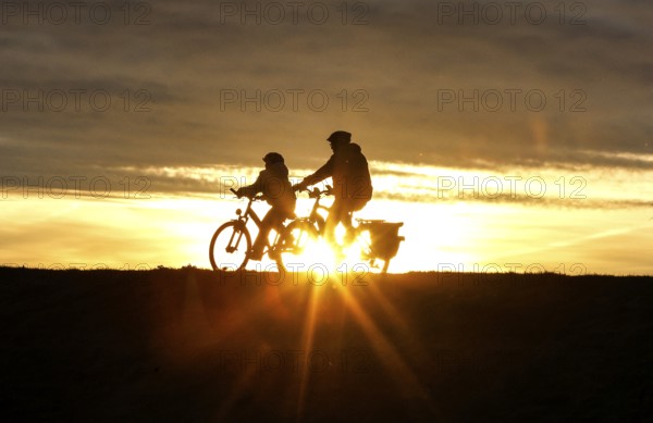 Cyclists ride on a cycle path on the island of Fehmarn at sunset, 13.10.2025, Fehmarn, Schleswig-Holstein, Germany