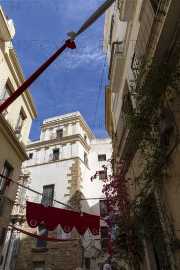 Street scene of a city, historic and Mediterranean. Nice old facades with balconies and narrow alleys and streets. Great view of the sunny Atlantic Ocean, Cadiz, Andlusia, Spain