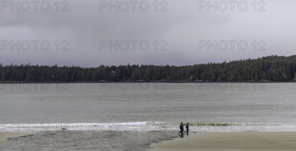 Two people walk along the shoreline of a calm beach with distant trees in Tofino, British Columbia, Canada